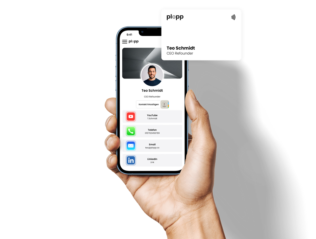 Handy mit Benutzerseite von Plopp und nebendran eine digitale Visitenkarte